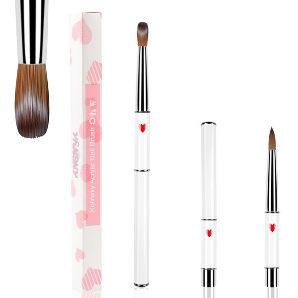 ANGNYA 100% Kolinsky Acrylic Nail Brush, Professional Nail Brushes for Acrylic Application Nail Extension with Hearts on White Handle Nail Art Brush Manicure for Women for DIY Home Salon Size 16