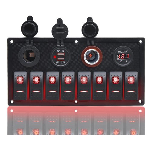 Geloo 8 Gang Marine Rocker Switch Panel, Boat Switch Panel Waterproof, 12V Switch Panel Toggle Switches Panel with LED Circuit Breaker 3.1A USB Charger Voltmeter ON/Off for Car Rvs Vehicles (Red)