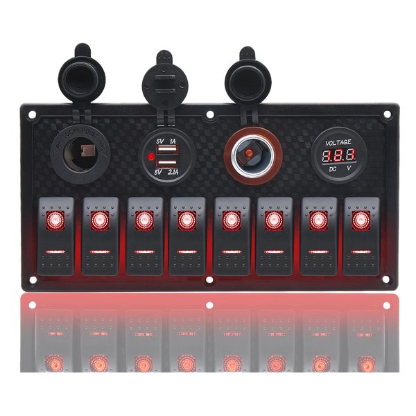 Geloo 8 Gang Marine Rocker Switch Panel, Boat Switch Panel Waterproof, 12V Switch Panel Toggle Switches Panel with LED Circuit Breaker 3.1A USB Charger Voltmeter ON/Off for Car Rvs Vehicles (Red)