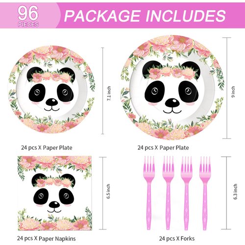 Welliboom 96PSC Panda Birthday Party supplies，Panda Party Favors,Panda Party Plates and Napkins Set For 24 Guests, Panda party decorations for Kids (Pink panda)