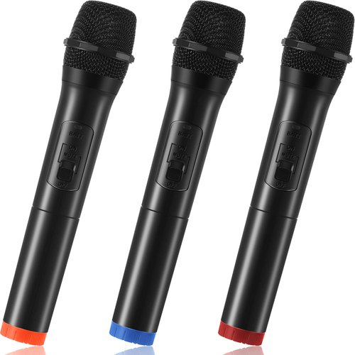 Sosation 3 Pcs Fake Microphone Prop Realistic Practice Using Pretend Microphone Simulate Speech Plastic Microphone for Fun Stage Karaoke or Costume Prop Birthday Party Favors, Blue Yellow Red Bottom