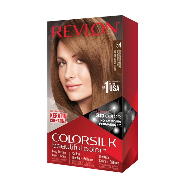 Revlon Permanent Hair Color, Permanent Hair Dye, Colorsilk with 100% Gray Coverage, Ammonia-Free, Keratin and Amino Acids, 54 Light Golden Brown, 4.4 Oz (Pack of 1)