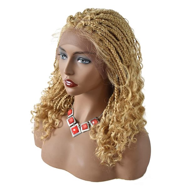 Generic 18"" Lace Front Knotless Box Braided Wigs With Baby Hair For Black Women Short Braid Wig With Boho Curly Cornrow Synthetic Hand-Braided Braiding Hair Wigs (#27/613M)