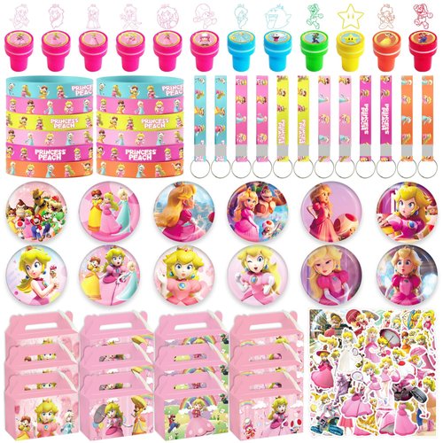 WOOACME Princess Peach Party Favor, 110Pcs Princess Peach Party Supplies Include Button Pins, Key Chains, Bracelets, Stickers, Themed Stamps, Gift Bags, Princess Peach Party Decorations for Girls