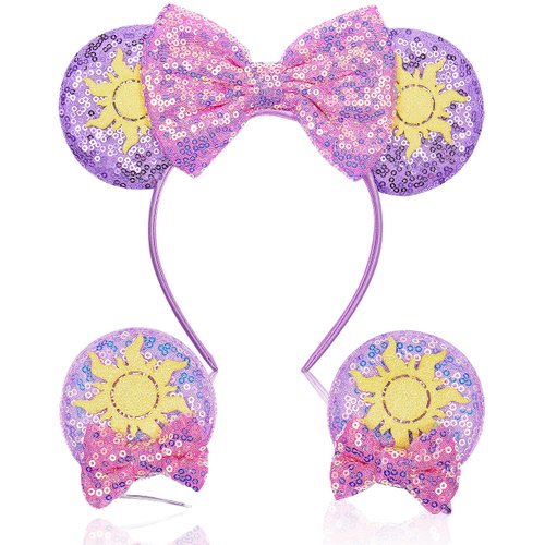 Akkya Mouse Ears Headband Hair Clips Accessories for Women Girl Kid Adult Birthday Party Princess Park Costume Mini Bow Gift Purple Sun