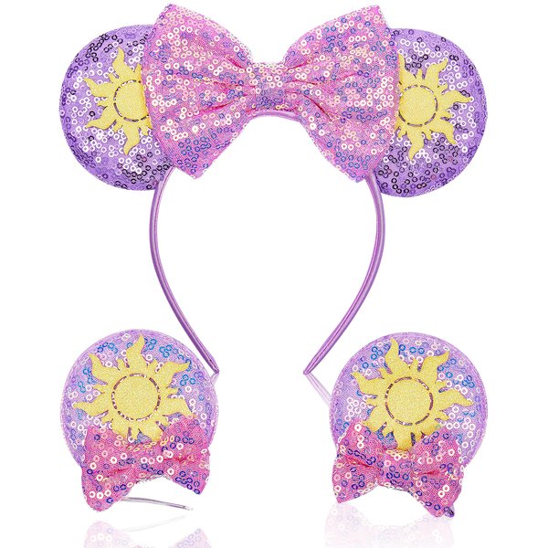 Akkya Mouse Ears Headband Hair Clips Accessories for Women Girl Kid Adult Birthday Party Princess Park Costume Mini Bow Gift Purple Sun