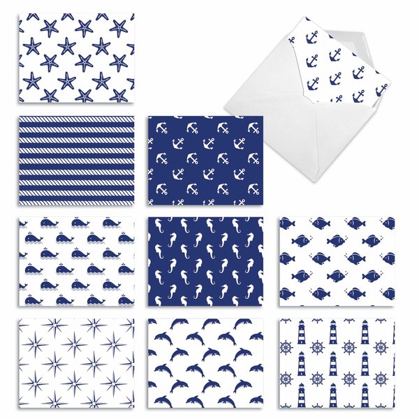 The Best Card Company - 10 Blue Thank You Notecards Boxed Set 4 x 5.12 inch w/Envelopes - Navy Ocean-Themed Pattern Greeting Cards Bulk Pack - Oceano-Graphix M2077