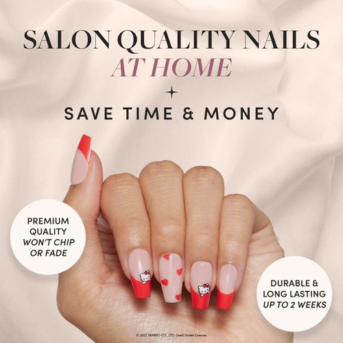 Glamnetic x Hello Kitty® and Friends Press On Nails - Hello Kitty® Red | Red French Tip Short Coffin Graphic Nails in a Glossy Finish | 15 Sizes - 30 Nail Kit with Glue