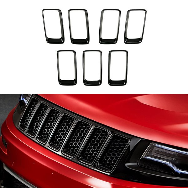 7PC Black Grill Ring Gloss Black Front Grille Inserts Cover Trim Kit Compatible with Jeep 2014-2016 Grand Cherokee