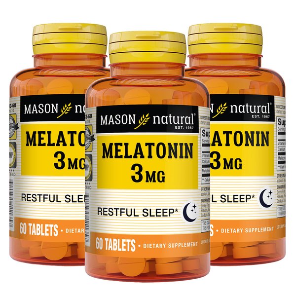 Mason Natural Melatonin 3 mg with B6 and Calcium - Natural Sleep Aid, Supports Healthy Sleep & Rest, 60 Tablets (Pack of 3)