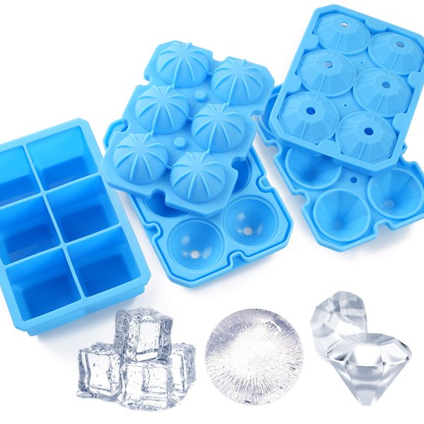 Ice Cube Trays, meidong 3 Pack Food-Grade Silicone Ice Cube Trays Round Big Ice Balls Square Diamond Ice Cube Trays, Reusable and Easy Release Reusable for Chilling Whiskey Wine Cocktail (Blue)