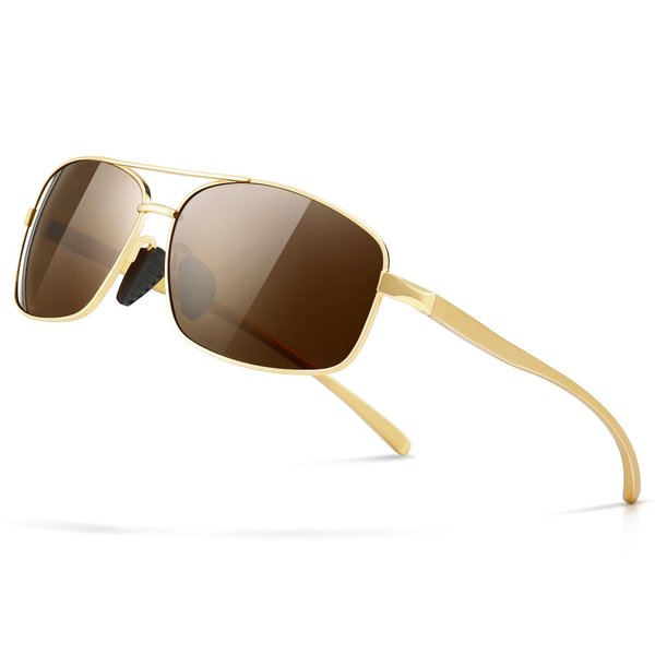 SUNGAIT Ultra Lightweight Rectangular Polarized Sunglasses UV400 Protection (Gold Frame Brown Lens, 62) Metal Frame SGT458 JKC-CA