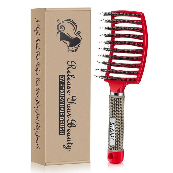 KTKUDY Detangling Hair Brush - Boar Bristle & Tangle-Free Design for Kids, Women, and Men - Perfect for Wet and Dry Hair - Smooth, Magical Pain-Free Styling (Red)