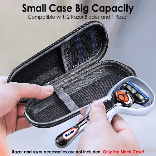 Enerfort Hard EVA Razor Travel Case Compatible with Gillette Men's Razor - Mesh Pocket for 2 Razor Blades + Lightweight Carrying Handle + Durable Zipper (Only Case) (Black)