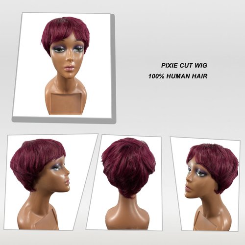 Short Human Hair Pixie Cut Wig for Black Women Short Wigs Human Hair Natural Color Pixie Wigs Wear and Go Glueless Full Machine Made Human Hair Wigs (99j)