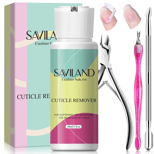SAVILAND Cuticle Remover Kit Professional Nail Care Manicure Kit - 2.03 OZ Cuticle Remover Liquid Cream with Cuticle Trimmer, Cuticle Nipper and Cuticle Pusher, Christmas Gifts for Women