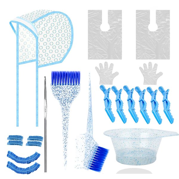 19PCS Hair Dye Coloring Kit, Professional Hair Coloring Dyeing Kit, Hair Coloring Highlight Cap Brush and Bowl Set, Mixing Bowl, Hair Dyeing Cap, Hair Needles, Dye Color Brush, Hair Clips (Blue-19)