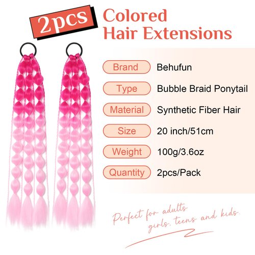 Colored Hair Extensions, Behufun 2Pcs 20" Lightweight Colored Hair Extensions for Kids Bubble Ponytail Extension with Hair Tie, Ombre Crazy Hair Day Accessories for Girls Festival Rave B40
