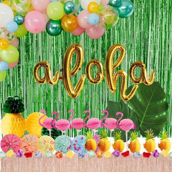 Penny & Pigment 125 PCS Hawaiian Party Decorations - Aloha Party Decorations with Cursive Aloha Balloons, Summer Beach Pool Party Decorations, Luau Party Decorations - Includes Downloadable Content