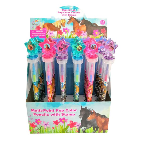 TINYMILLS 24 Pcs Horse Pony 2 in 1 Stackable Stacking Crayon with Extra Stamper Topper, Kids Party Favors, Goodie Bag Stuffers, Classroom Rewards, Prizes