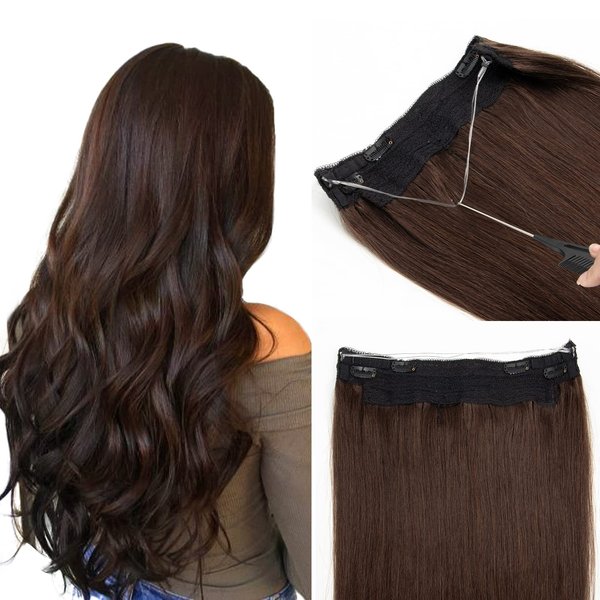 SPIKFN Wire Hair Extensions, 16 inch 75g Dark Brown Invisible Wire Hair Extensions Real Human Hair Straight Transparent Fish Line Hair Extensions Remy Hair Extensions for Women