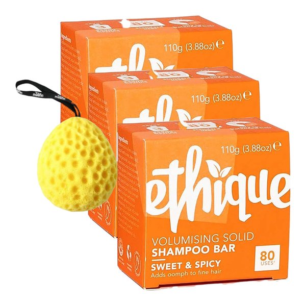 Sweet & Spicy Volumizing Solid Shampoo Bar, 3.88 Oz, Plastic-Free Hair Shampoo Bar For Fine, Flat Hair With Cinnamon, Volumizing Bar Shampoo With Bath Sponge [3-Pack]