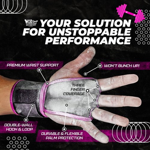 JerkFit WODies Pink 3 Hole Gymnastics Grips with Wrist Support (Medium) - Latex Free Elastic Pull Up Grip for Cross Training, WODs, Weightlifting - Workout Grips for Men and Women for Palm Protection