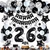 Miidenks 26th Birthday Decorations for Men Women, Black White and Silver Happy 26 Birthday Party Decorations Set with Birthday Balloons 26 Birthday Banner Star Black Cake Topper for Him Her