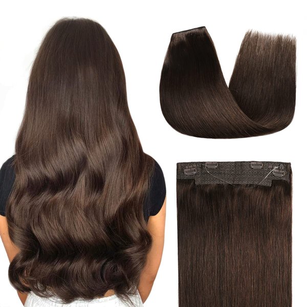 YILITE Wire Hair Extensions Real Human Hair ，Wire hair 18 inches 95g Silky Straight #2 Dark Brown Human Hair Extensions One Piece Wire Hair Extensions with Fish Line