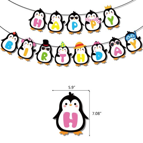 Cute Penguin Happy Birthday Banner, Penguin Birthday Party Decorations, Boy Girl Baby Shower Cartoon Animal Theme Supplies Garland, Winter Onederland Kids 1st First Bday Decor
