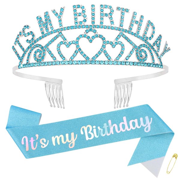 BAHABY It's My Birthday Sash & Rhinestone Birthday Tiara Set Birthday Sash and Crowns for Women Happy Birthday Decorationss- Blue