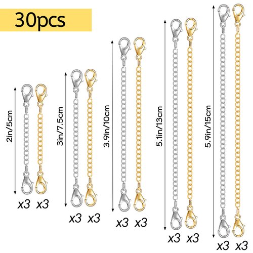 winee 30pcs Chain Extenders for Necklace, Necklace Extenders for Women Girls Bracelet Anklet Extender Stainless Steel Chain Extenders for Jewelry Making 2in 3in 4in 5in 6in (15 Gold, 15 Silver)