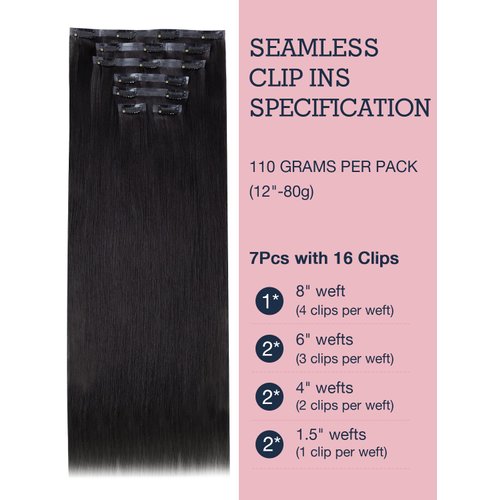 Human Hair Clip in Extensions Seamless Clip in Hair Extensions Human Hair Clip in Hair Extensions,Extensiones de Cabello Humano Yaki Straight 110g 16 inch Natural Black,100% Remy Human Hair Clip ins