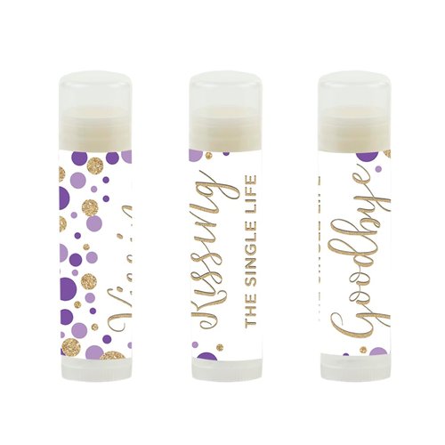 Andaz Press Bridal Shower Bachelorette Party Lip Balm Party Favors, Lavender Purple Faux Gold Glitter Confetti Dots, Kissing the Single Life Goodbye, 12-Pack