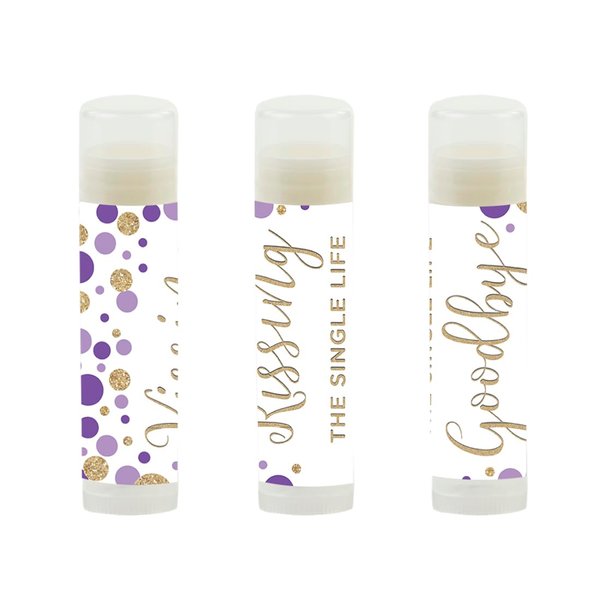 Andaz Press Bridal Shower Bachelorette Party Lip Balm Party Favors, Lavender Purple Faux Gold Glitter Confetti Dots, Kissing the Single Life Goodbye, 12-Pack