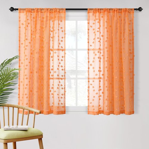 MYSKY HOME Pom Pom Orange Sheer Curtains for Living Room Bedroom Light Filtering Semi-Sheer Curtains for Nursery Girls Kids Room Boho Rod Pocket Voile Draperies Orange 37 x 54 inch 2 Panels