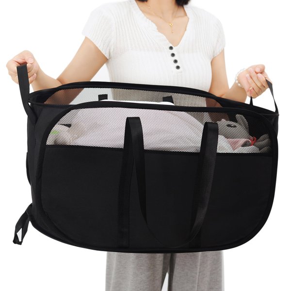 Pop-Up Laundry Basket，collapsible Mesh Laundry Hamper– With Extended Shoulder Straps, Sturdy Handles, and Premium Cationic Fabric (black)
