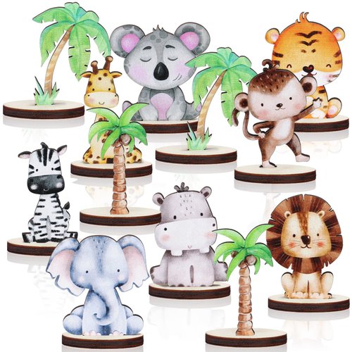 Thyle 20 Pcs Woodland Animals Centerpieces Forest Animals Wood Table Centerpieces Jungle Safari Shapes Table Topper Sign for Kids for Baby Shower Birthday Wild Themed Party Supplies