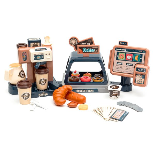 Pretend Role Play Toy Coffee Shop for Boys and Girls with Coffee Maker Machine and Fake Donuts 41Pcs (Classic Edition)