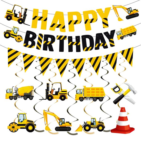 Pre-Strung Construction Party Decoration, Construction Birthday Banner and Vehicle Truck Garland,Construction Car Truck Happy Birthday Party Supplies for Kids Boys Baby Shower