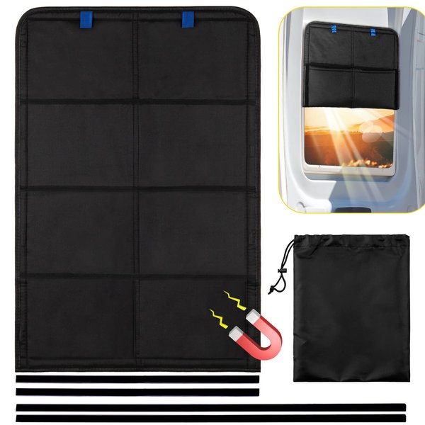 funomo RV Door Window Shade, 27 × 18 Inch Foldable Magnet RV Blackout Window Cover, Winnebago Itasca Sunova Class A RV Enter Door Window Cover, UV Rays Protection Waterproof Oxford (Black)