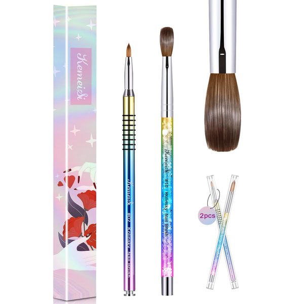 KEMEISI 2PCS Acrylic Nail Brush, Size #10/02 100% Kolinsky Nail Art Brushes for Acrylic Application, Sturdy Handle Oval Shaped Acrylic Powder Nail Design Tools for Professional Manicure DIY Home Salon