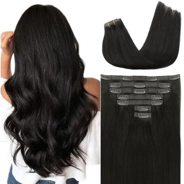 Seamless Clip In Hair Extensions Clip in Hair Extensions Real Human Hair 18 Inch 100g 7pcs Human Hair with Invisible PU Skin Weft Natural Black Remy Hair Clip in Extensions Remy Straight