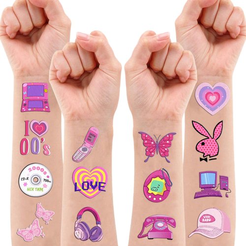 100PCS 2000s Y2K Temporary Tattoos Stickers Themed Pink Birthday Party Supplies Favors Decorations Throwback Early 00’s Tattoo Sticker Gifts For Teen Girls School Prizes Carnival