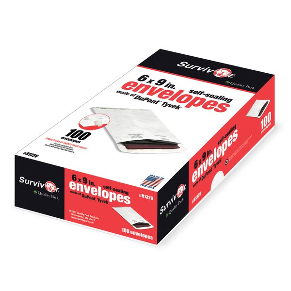 Quality Park Survivor Shipping Envelopes, 6" x 9", Made with Strong, Lightweight DuPont Tyvek Material, Flap-Stik Peel and Seal Closure, 100/Box (QUAR1320), White