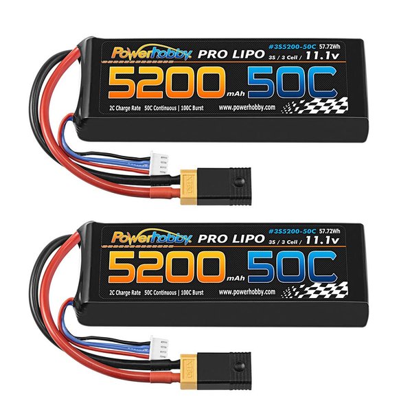 PowerHobby 3S 11.1V 5200mAh 50C Lipo Battery W XT60 Plug + Adapter 3-Cell (2) Compatible with Slash 4x4 4WD 2WD Stampede Rustler E-Revo E-Maxx Spartan M41 X-Maxx Brushless VXL