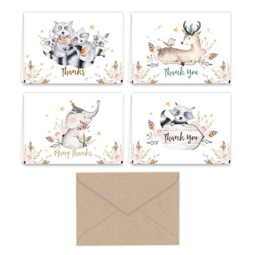 Paper Frenzy Woodland Animals Thank You Note Cards and Kraft Envelopes 24 pack