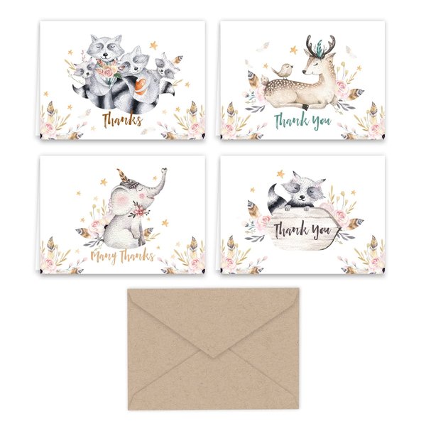 Paper Frenzy Woodland Animals Thank You Note Cards and Kraft Envelopes 24 pack