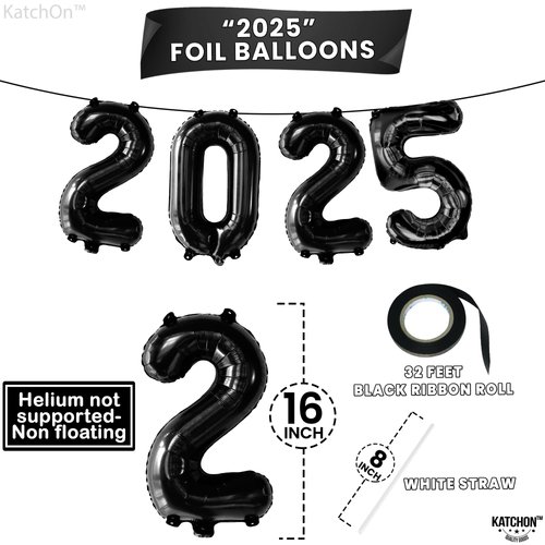 KatchOn, 16 Inch 2025 Black Balloons - New Years Eve Party Supplies 2025 | 2025 Balloons Black for Happy New Year Decorations 2025 | New Years 2025 Black Balloons for Senior Night Decorations 2025