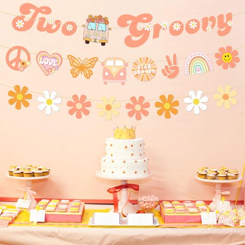 Hiyimipty Pre-Strung Two Groovy Party Decorations, NO DIY Boho Groovy Birthday Decor Hippie Daisy Flower Party Banners, 2 Groovy Retro Party Supplies